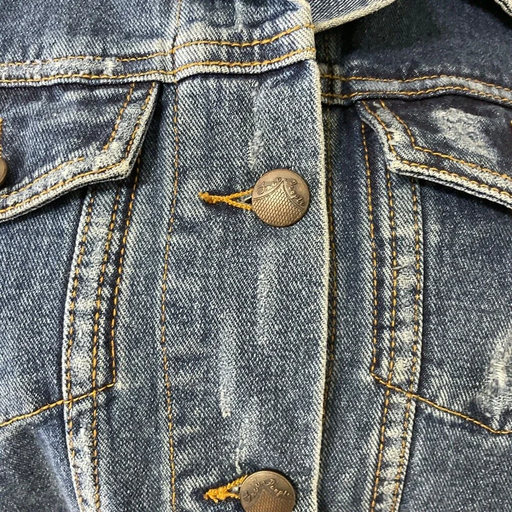 Free People Denim Jacket womens sz. XS Nordic wool Sweater Sleeves Distressed
